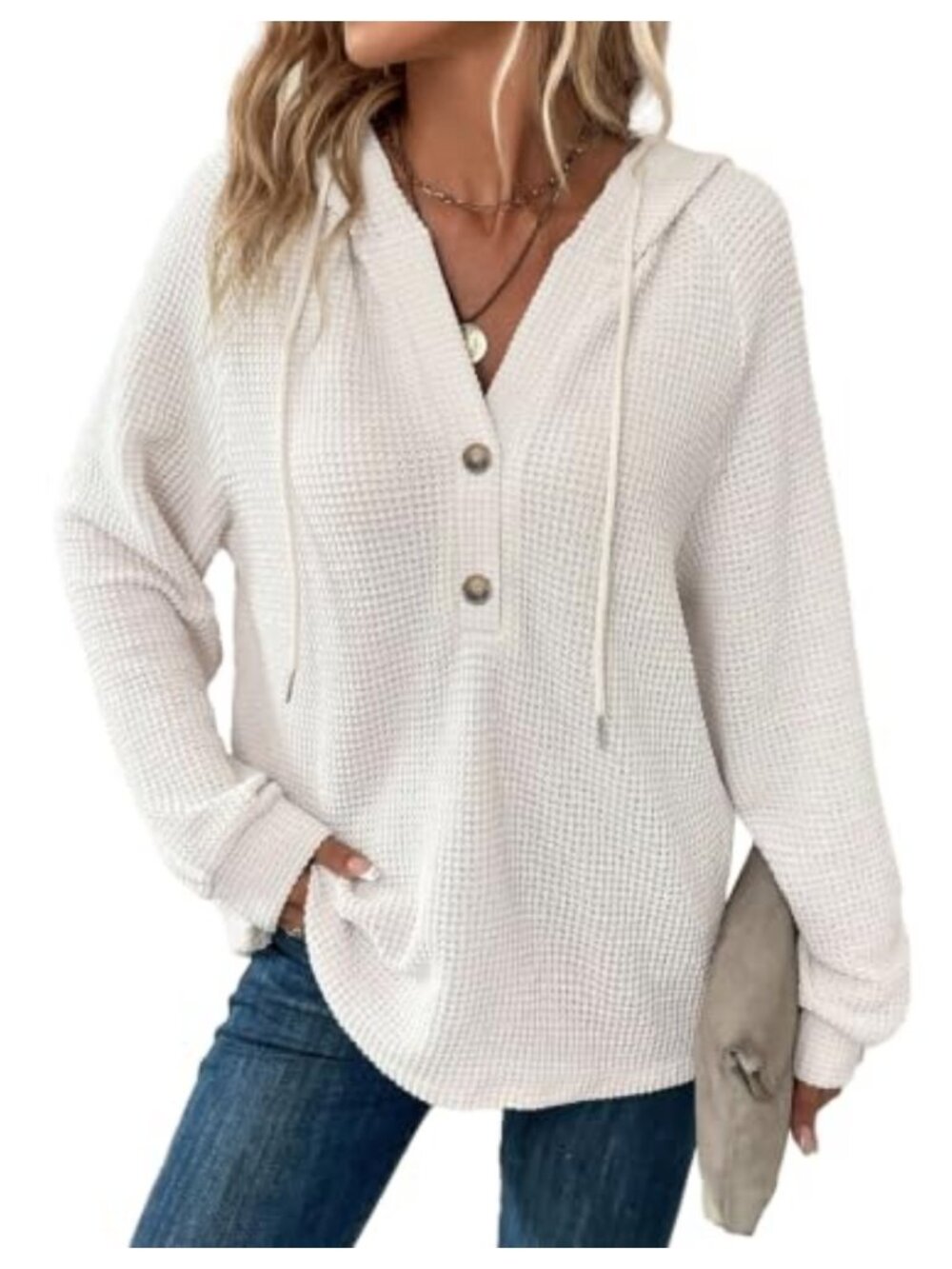 Waffle Knit Hoodie Button V Neck Oversized Pullover Sweatshirt